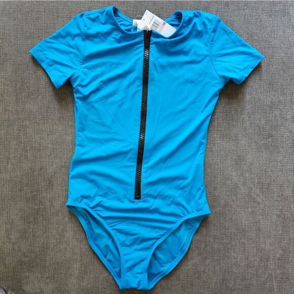 Michael Kors Blue Rashguard Short Sleeve Front Zip One-Piece Swimsuit size 10 - Picture 1 of 11